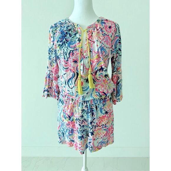 Lilly Pulitzer Del Lago Romper Colorful Flare Sleeve V-neck Tassel - Picture 5 of 9